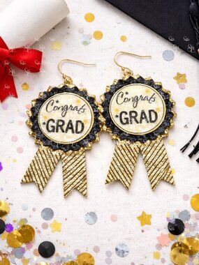 Congrats Grad Statement Earrings | Graduation Rosette Ribbon